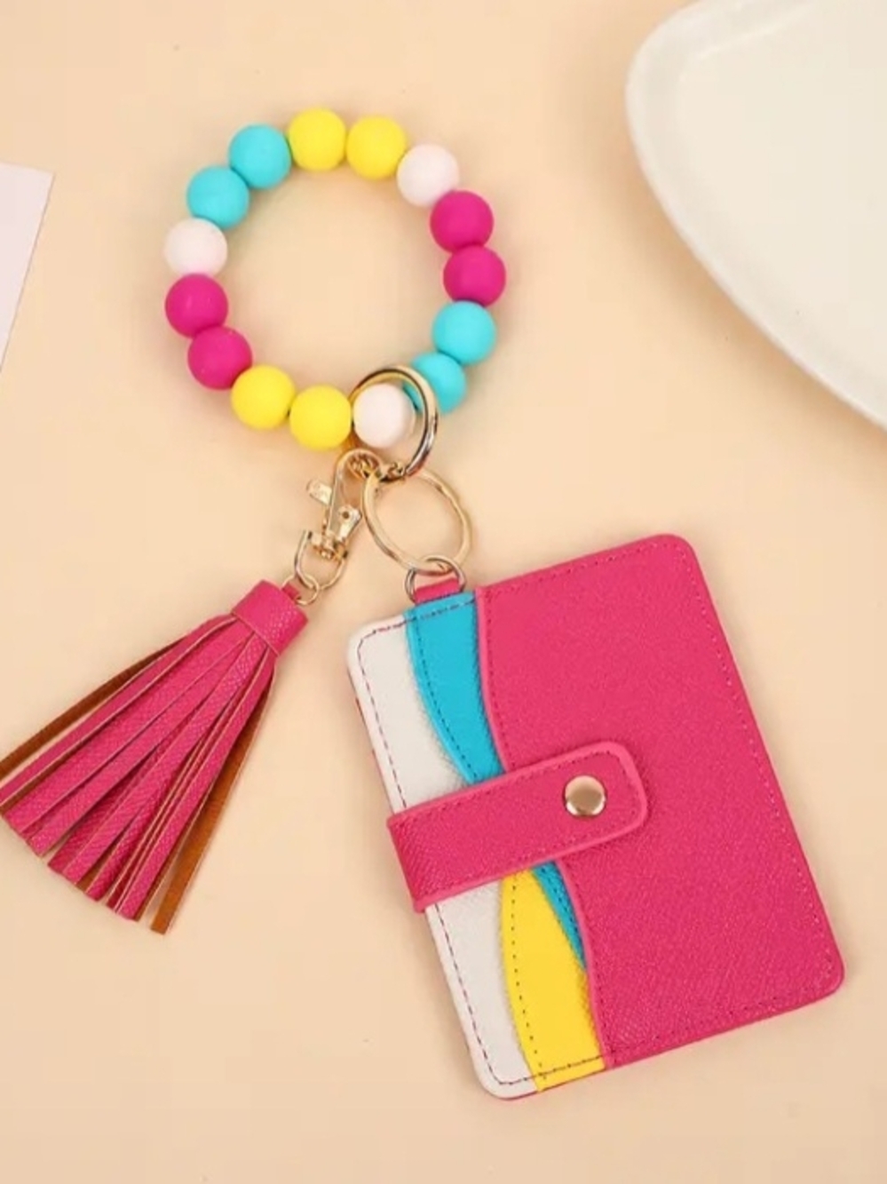 Beaded Tassel Keyring Card Holder - Pink